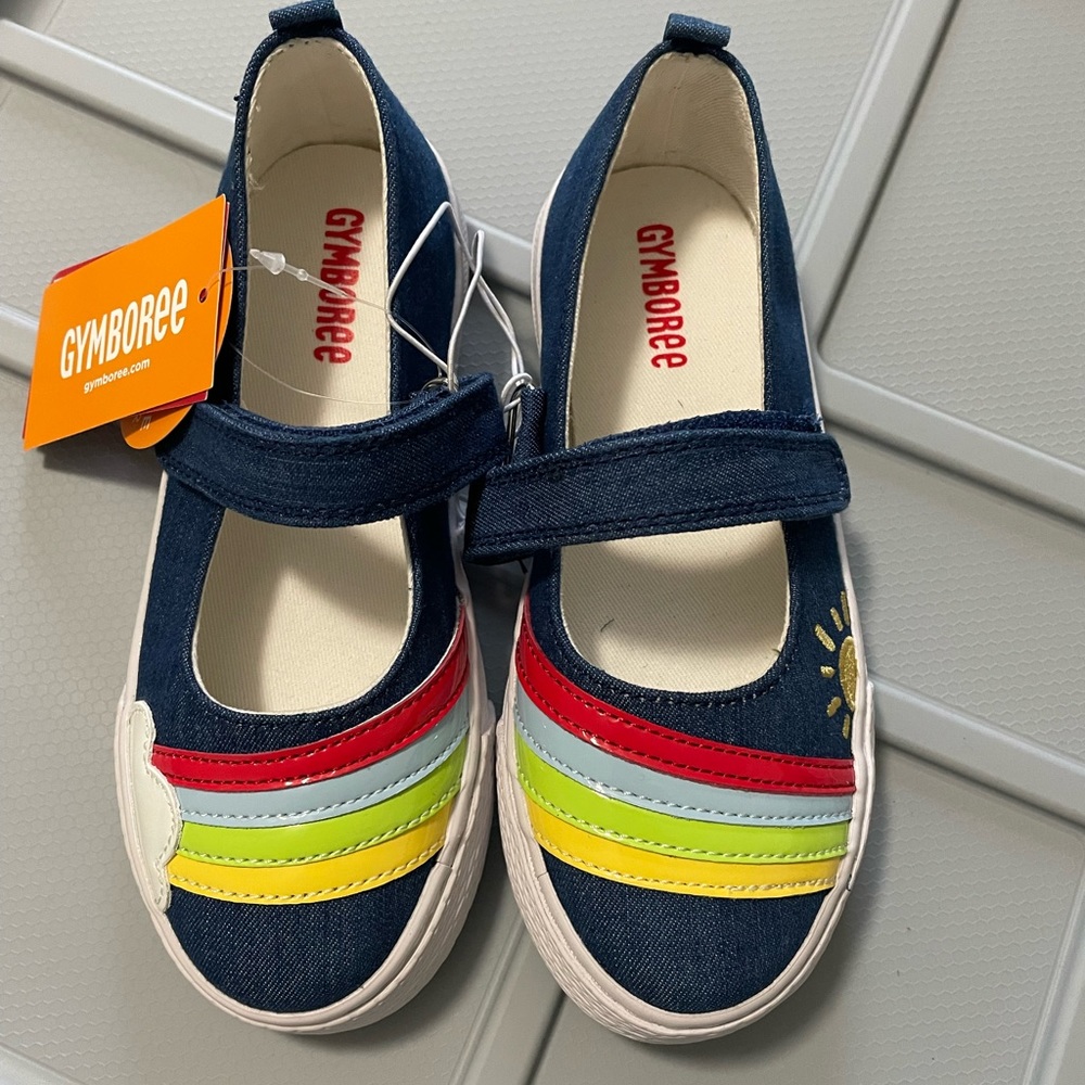 NWT Girls Gymboree size 11 Navy Blue Flats with multi colored stripes.